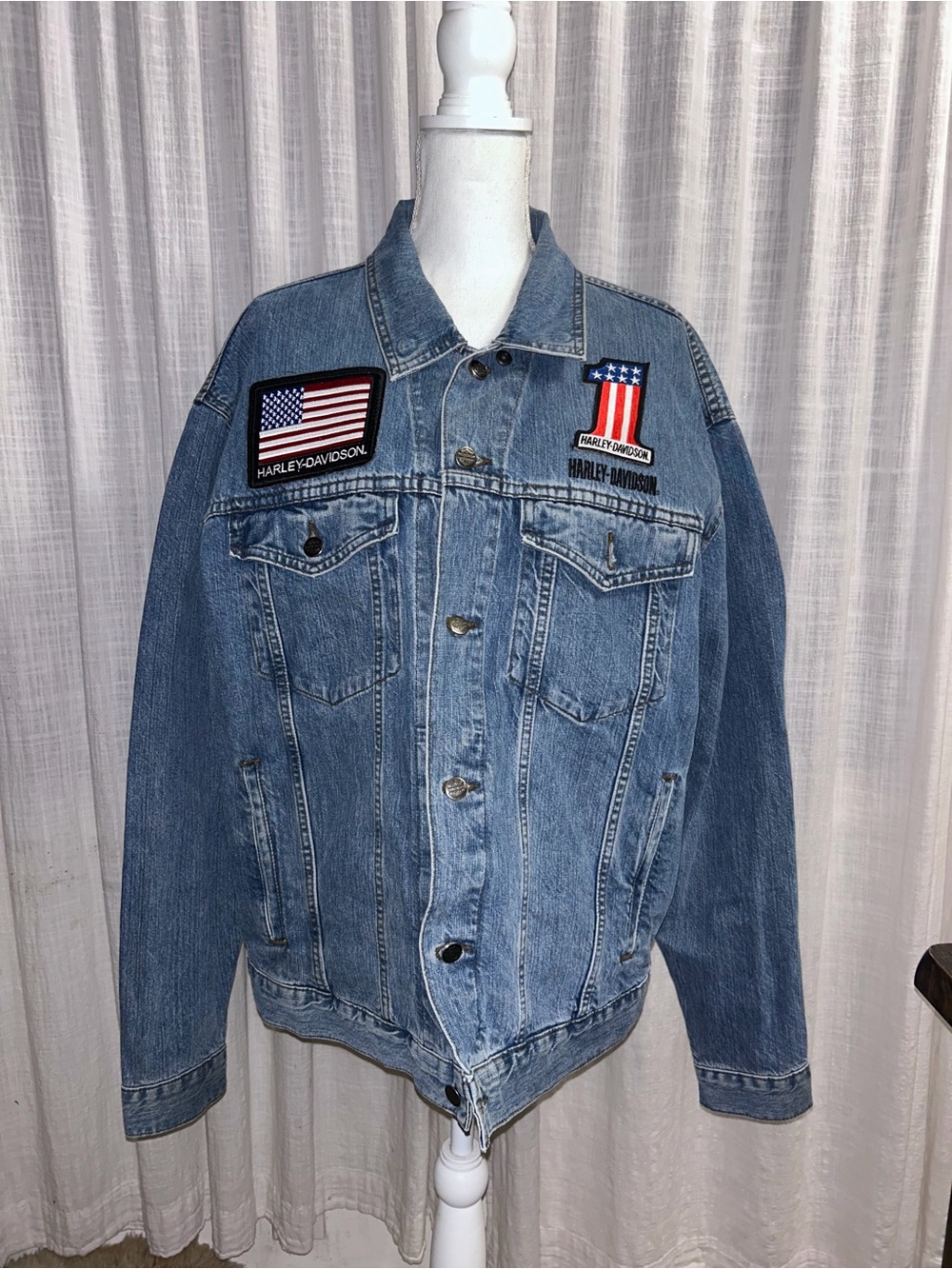 Harley-Davidson Light Blue Denim Jacket with American Flag Patches